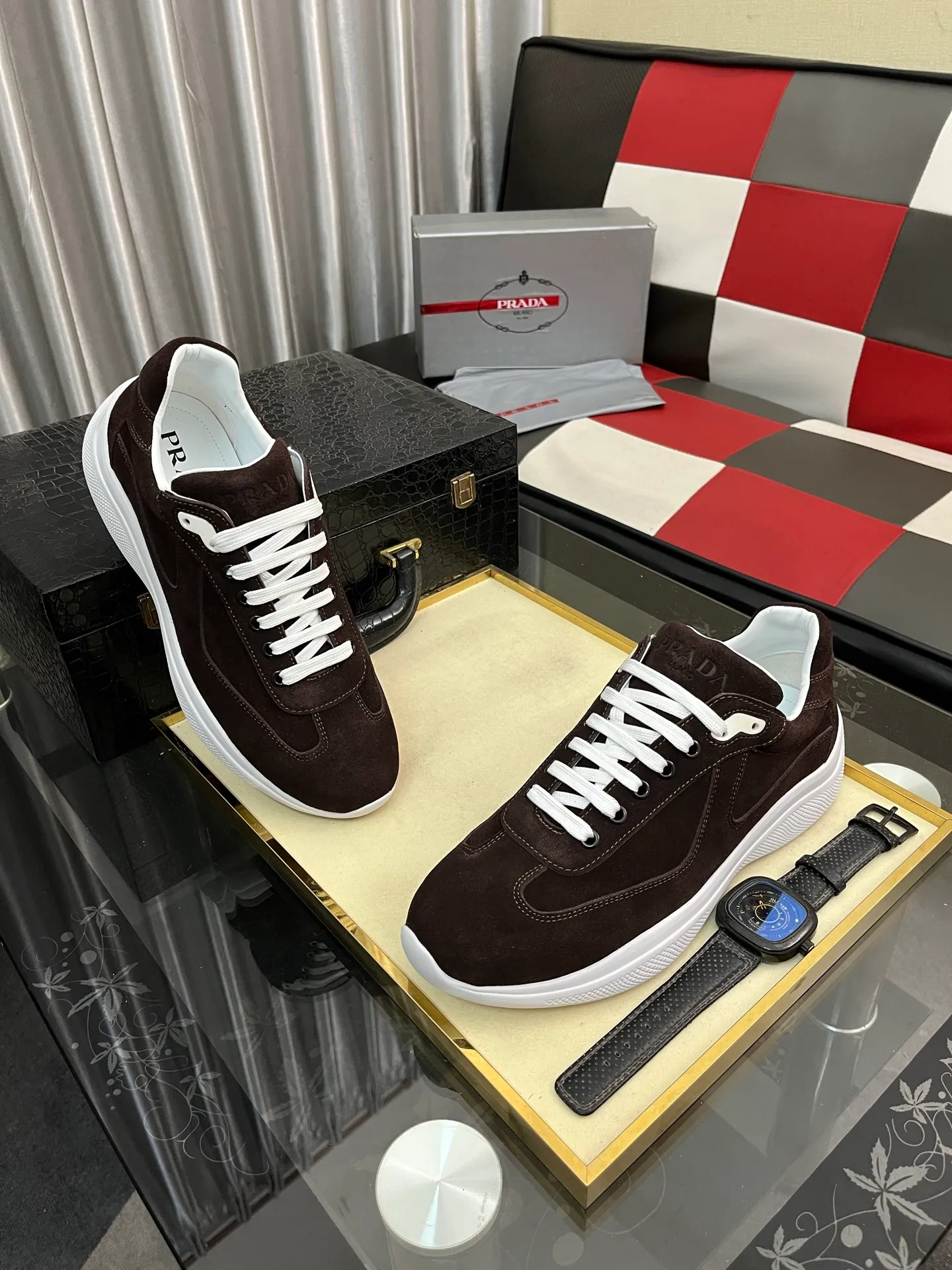 Men's shoes 💰400⌚️⌚️【PRADA】Prada casual shoes, originally developed 1:1, made of high-mercerized cowhide with imported cowhide, silk sheepskin lining, rubber outsole, comfortable and soft on the foot, size: 38-444️⃣Colors available
